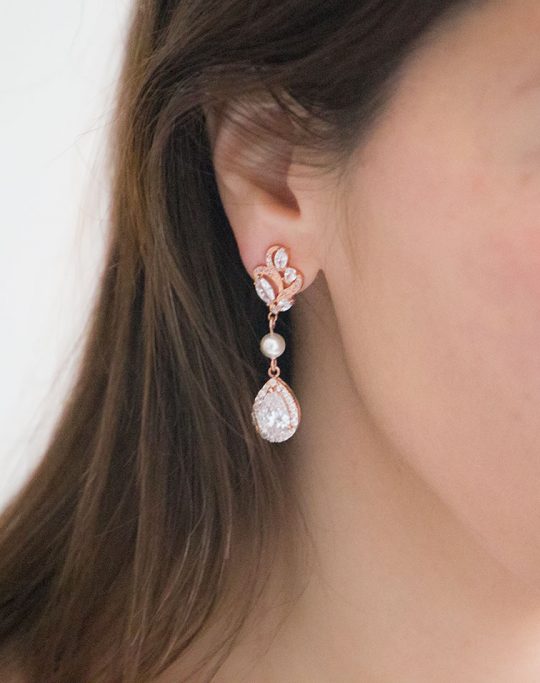 Boucles d'oreilles mariée rose gold perles pendantes