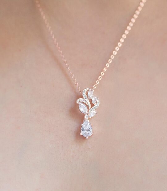 Collier mariée rose gold pendentif cristal feuilles « Béatrice »