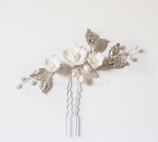 Petit bijou de cheveux fleures feuilles, pic coiffure mariage perles strass Marjolie